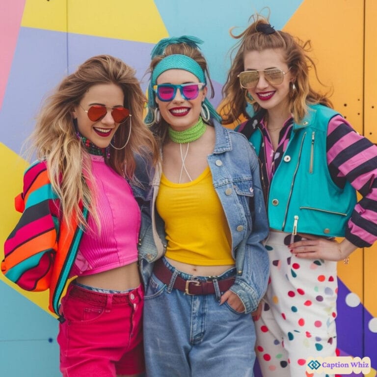 Three friends dressed in bright, retro outfits pose together against a colorful backdrop, smiling widely.