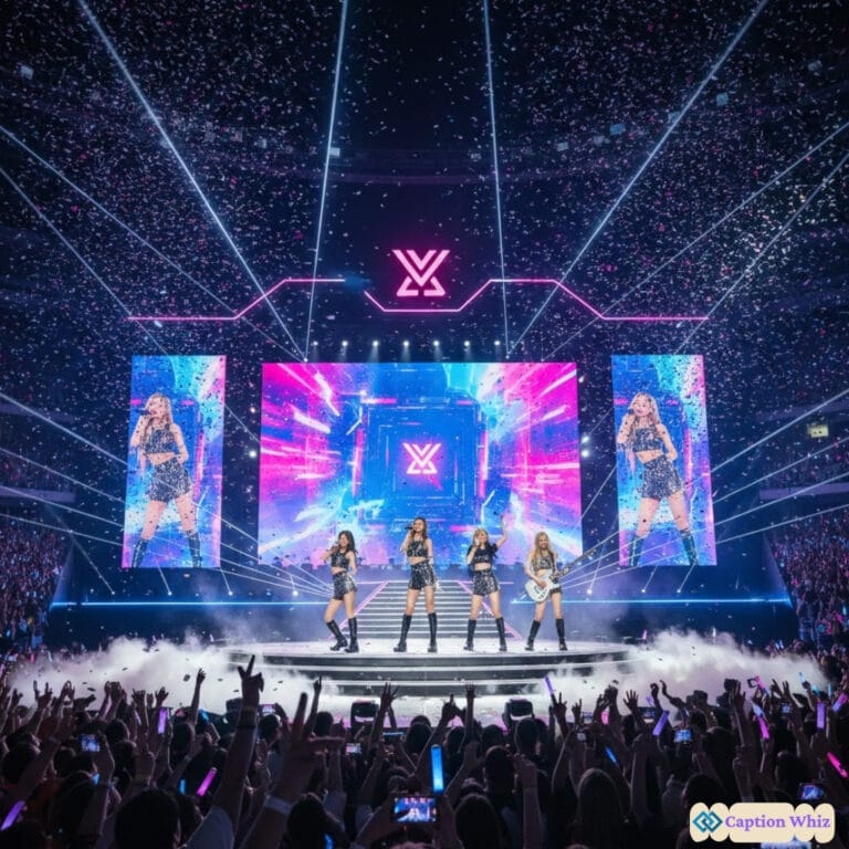 Four performers on stage with bright lights and confetti, fans cheering below.