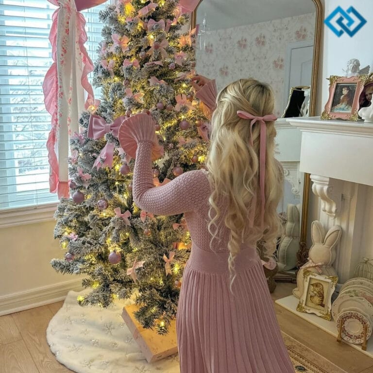 A girl in a pink dress decorates a Christmas tree with lights and ornaments.