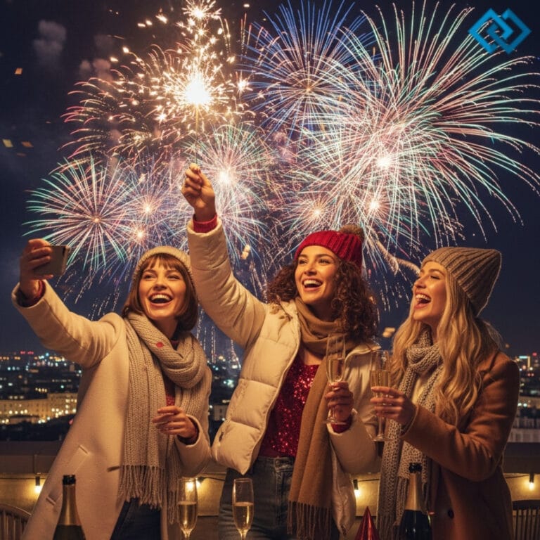 Three women celebrate with champagne and fireworks in the background, wearing winter clothing.
