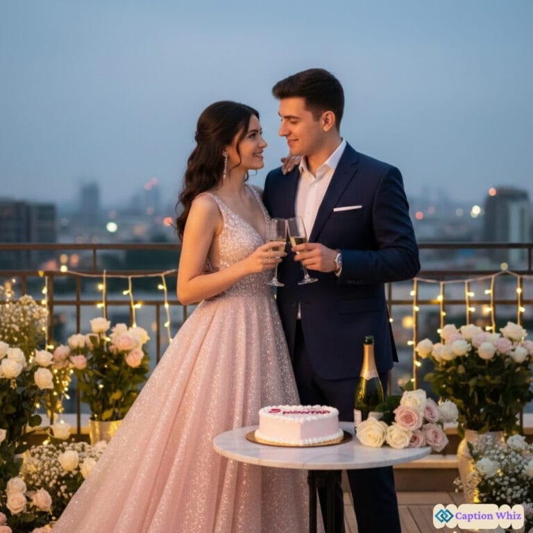 A couple toasting with champagne on a rooftop at dusk, surrounded by flowers and fairy lights.