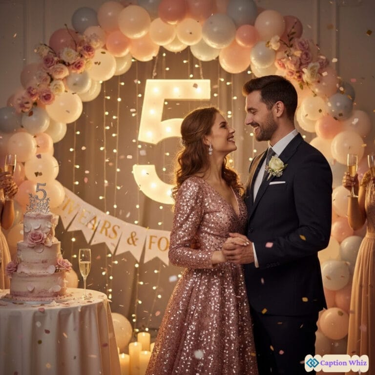 A couple shares a joyful moment in front of a sparkling 5-year celebration backdrop, surrounded by balloons and lights.