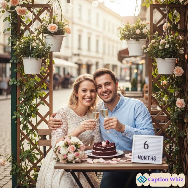 Couple celebrating with champagne at an outdoor table, a cake with '6 MONTHS' sign nearby.