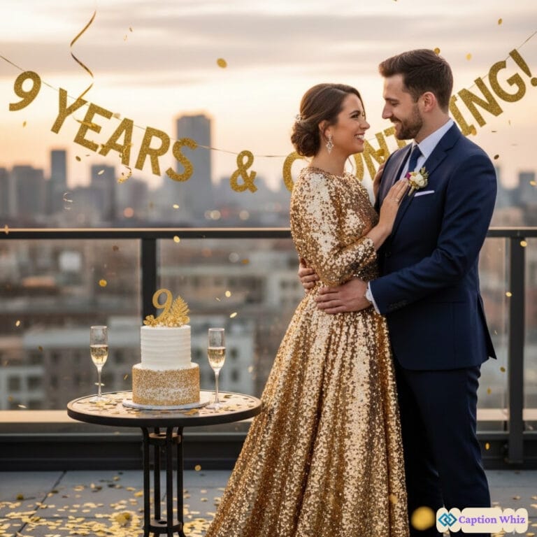 Couple celebrating 9 years together on a rooftop, dressed elegantly with a cake and champagne.
