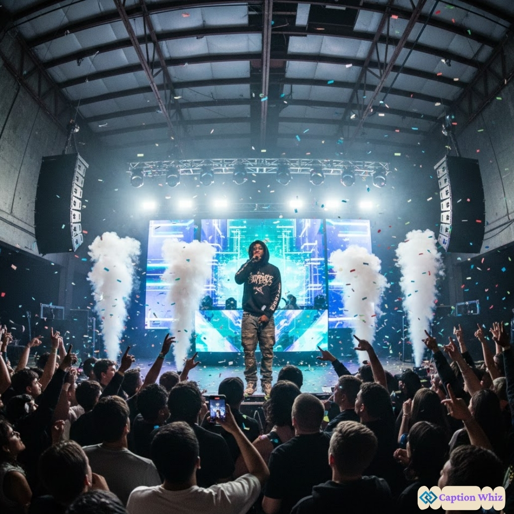 A performer stands on stage amidst smoke and colorful lights, captivating the audience.