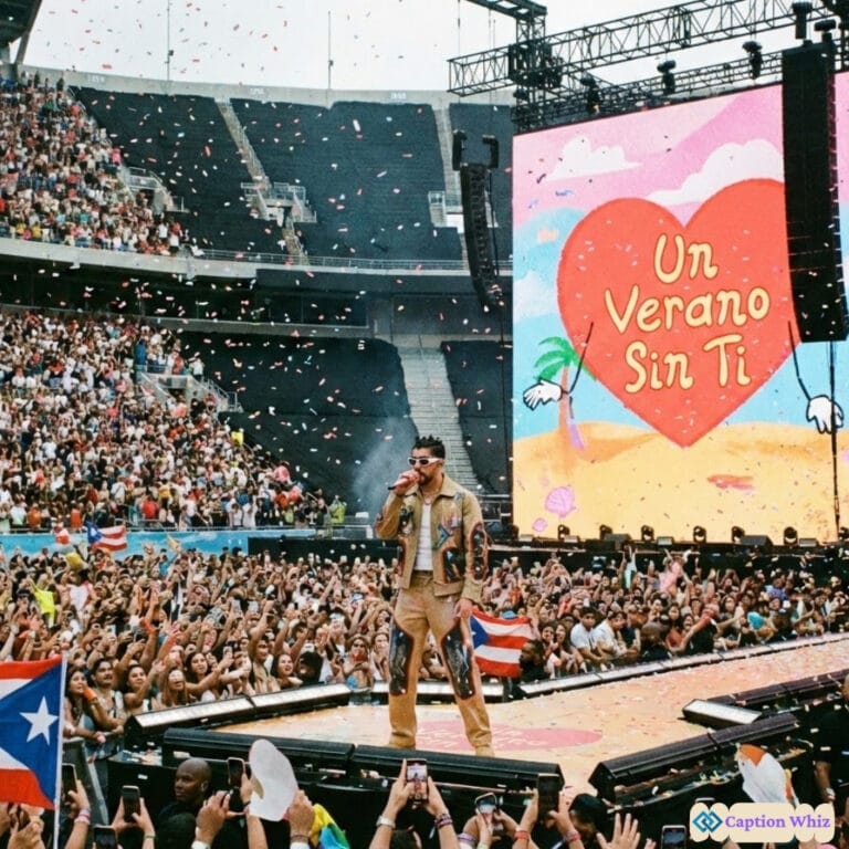 A lively concert scene with a performer on stage, colorful confetti falling, and a large screen displaying bright graphics.