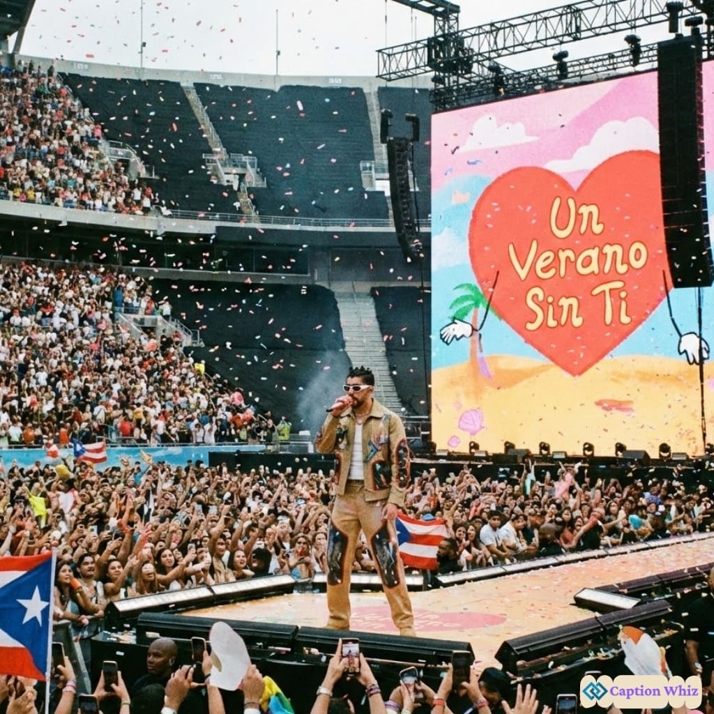 A lively concert scene with a performer on stage, colorful confetti falling, and a large screen displaying bright graphics.