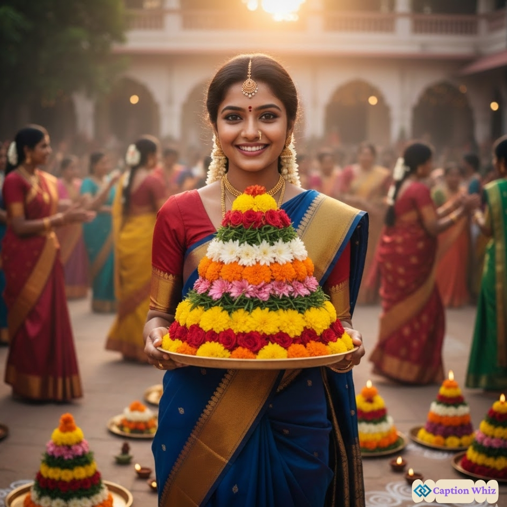 A smiling woman in a colorful sari holds a flower arrangement during a festive celebration.