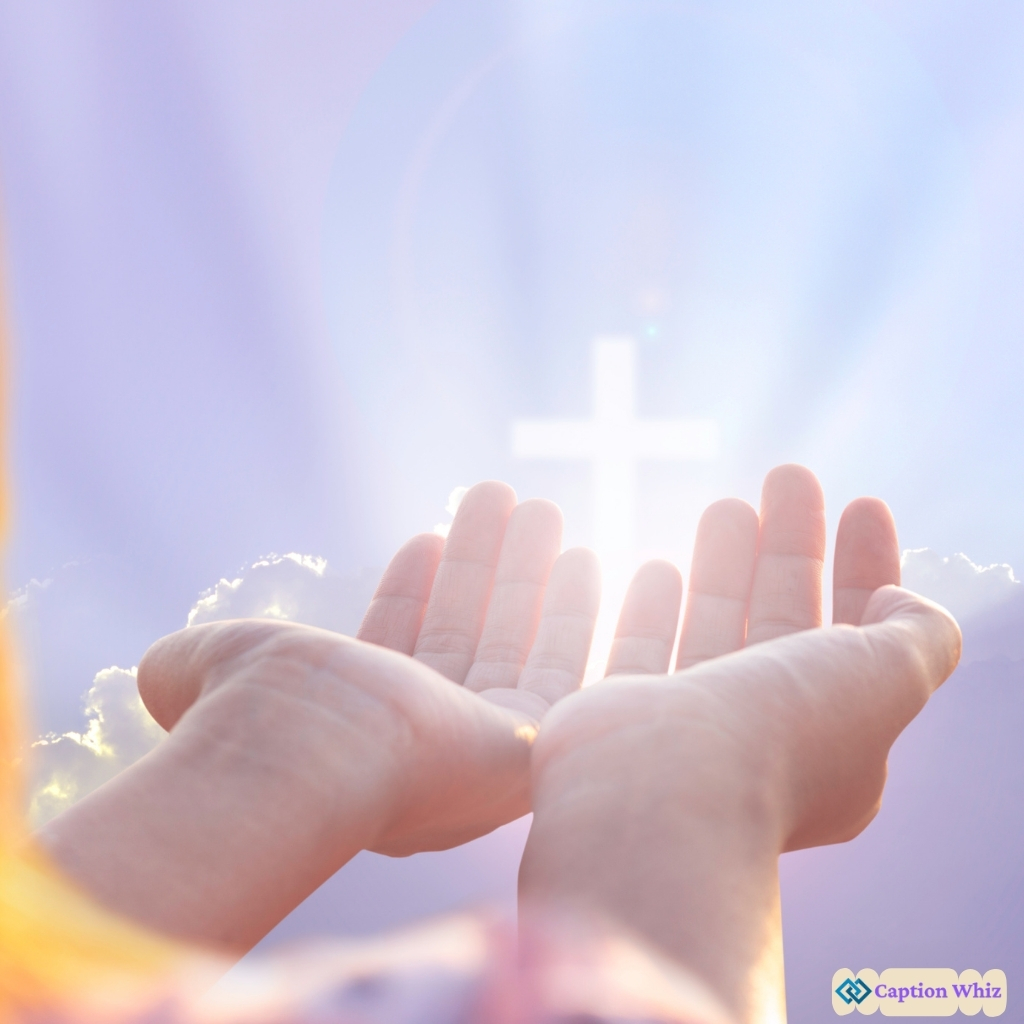 Two open hands reaching towards a bright cross in the sky, surrounded by soft clouds and light.