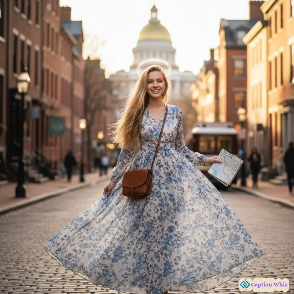 Woman in a flowy floral dress twirls on a cobblestone street with a map in hand, golden dome in the background.