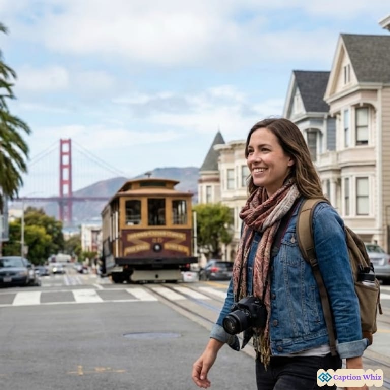 A woman smiles while walking down a street with a camera, a cable car in the background and the Golden Gate Bridge looming...