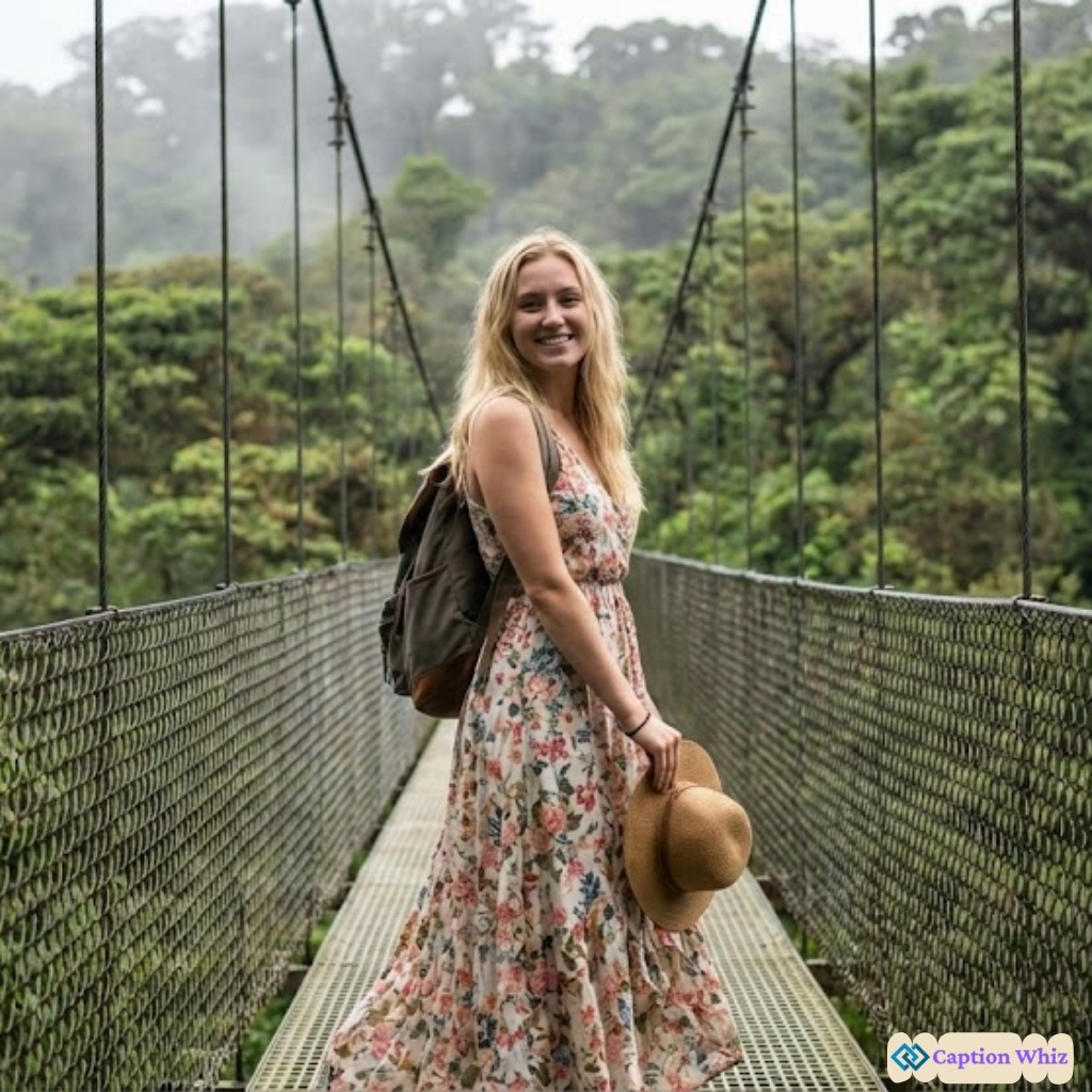 Smiling woman with a backpack on a suspension bridge surrounded by lush greenery.